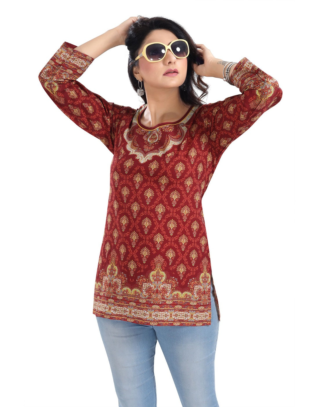 Red 3/4 sleeve summer cool tunic top for women, round neck and short length