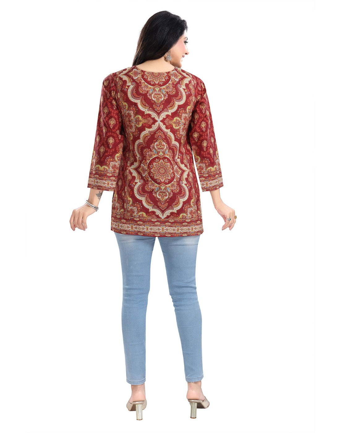 Red 3/4 sleeve summer cool tunic top for women, short length