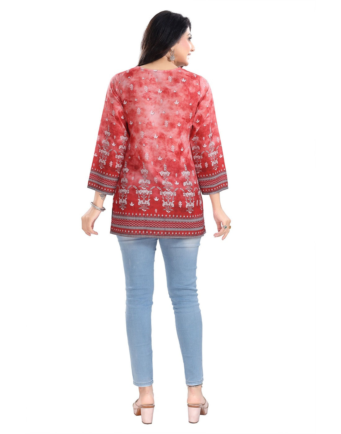 Women's 3/4th Sleeve Faux Crepe Tunic Short Top (Red) - GillKart