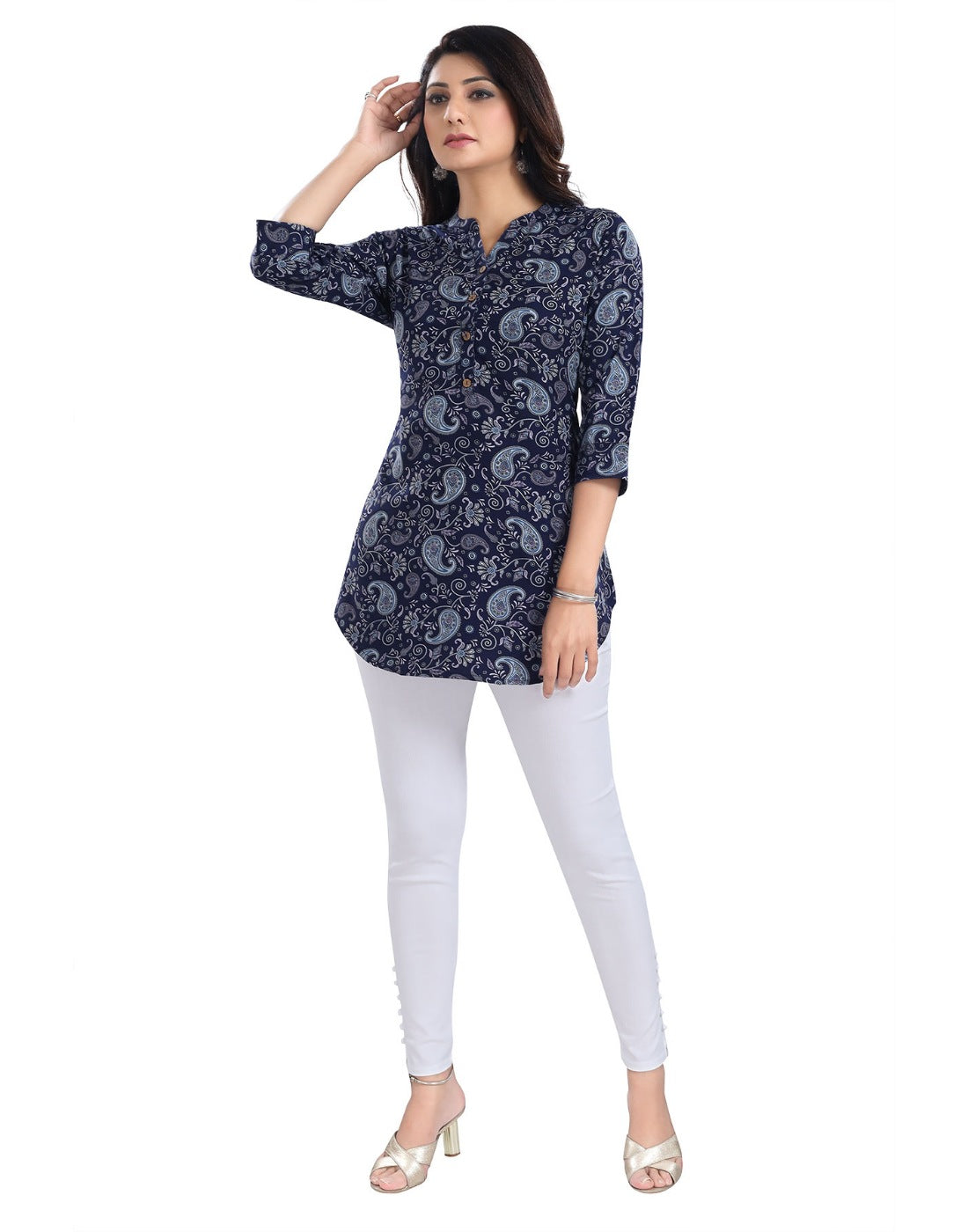 Blue polyester 3/4 sleeve tunic short top with mandarin collar, ideal for casual wear