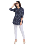 Blue polyester 3/4 sleeve tunic short top with mandarin collar, ideal for casual wear