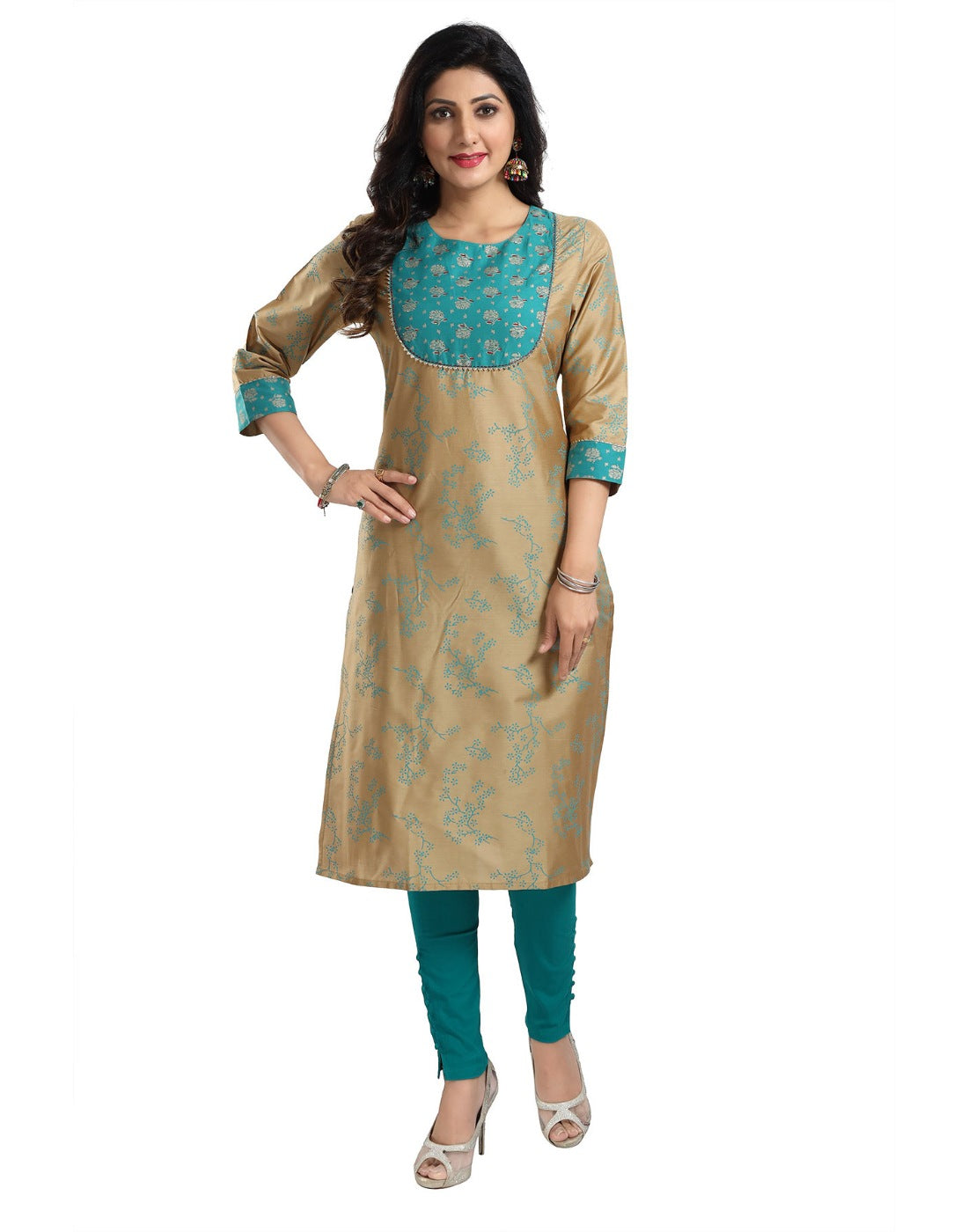 Women's 3/4th Sleeve Silk Blend Tunic Long Kurti (Beige) - GillKart