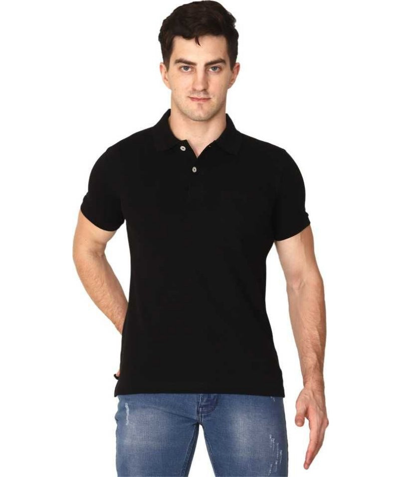 Men's Half Sleeve Polo Collar Cotton T Shirt (Black) - GillKart