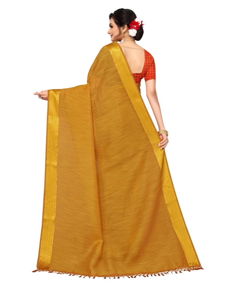 Women's Cotton Blend Stripe Pattern Sarees (Mustard, 5-6 Mtrs) - GillKart