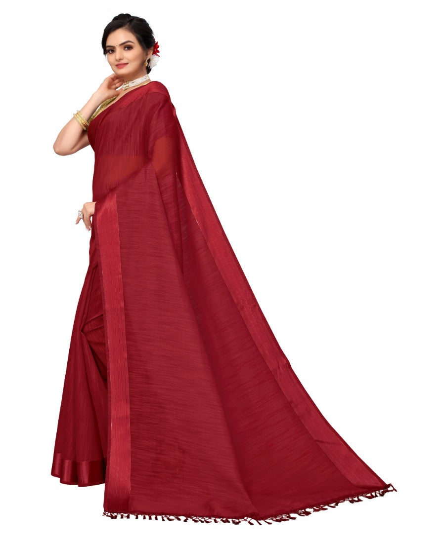 Women's Cotton Blend Stripe Pattern Sarees (Maroon, 5-6 Mtrs) - GillKart