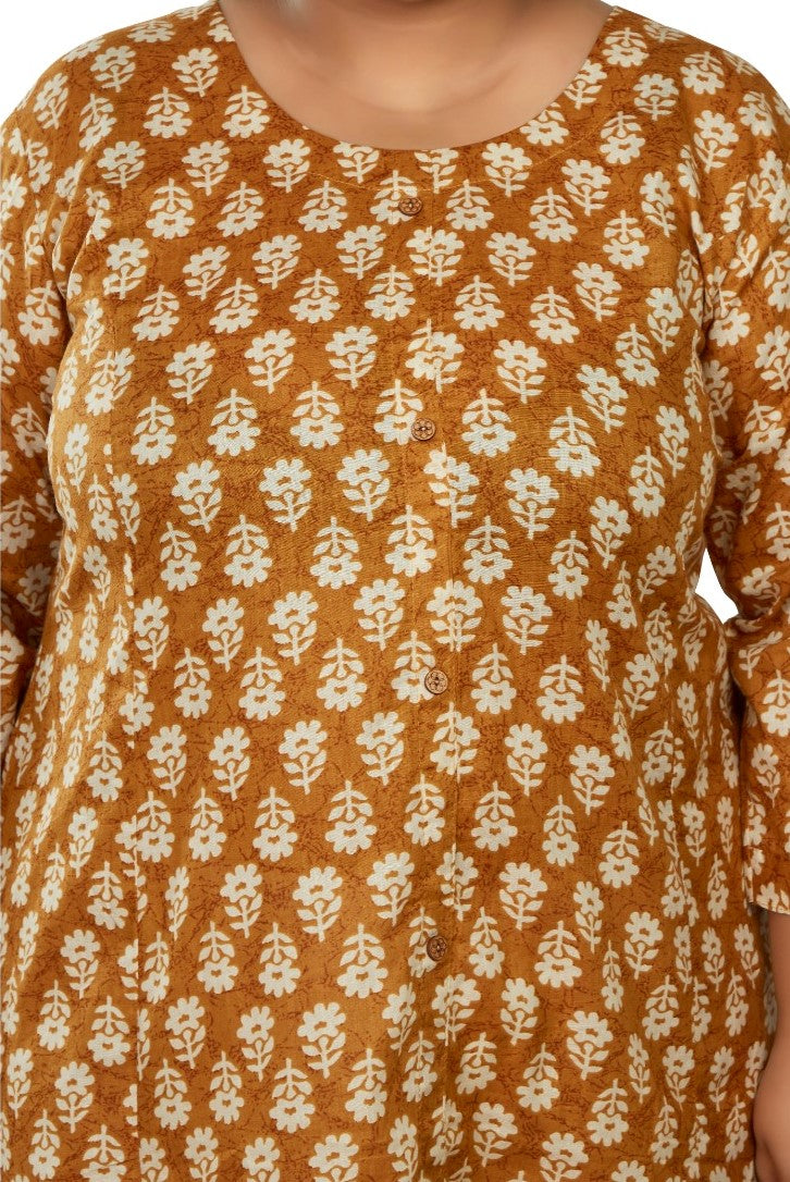Women's Casual 3/4th Sleeve Printed Pure Cotton Prince Cut A-Line Kurti (Mustard) - GillKart