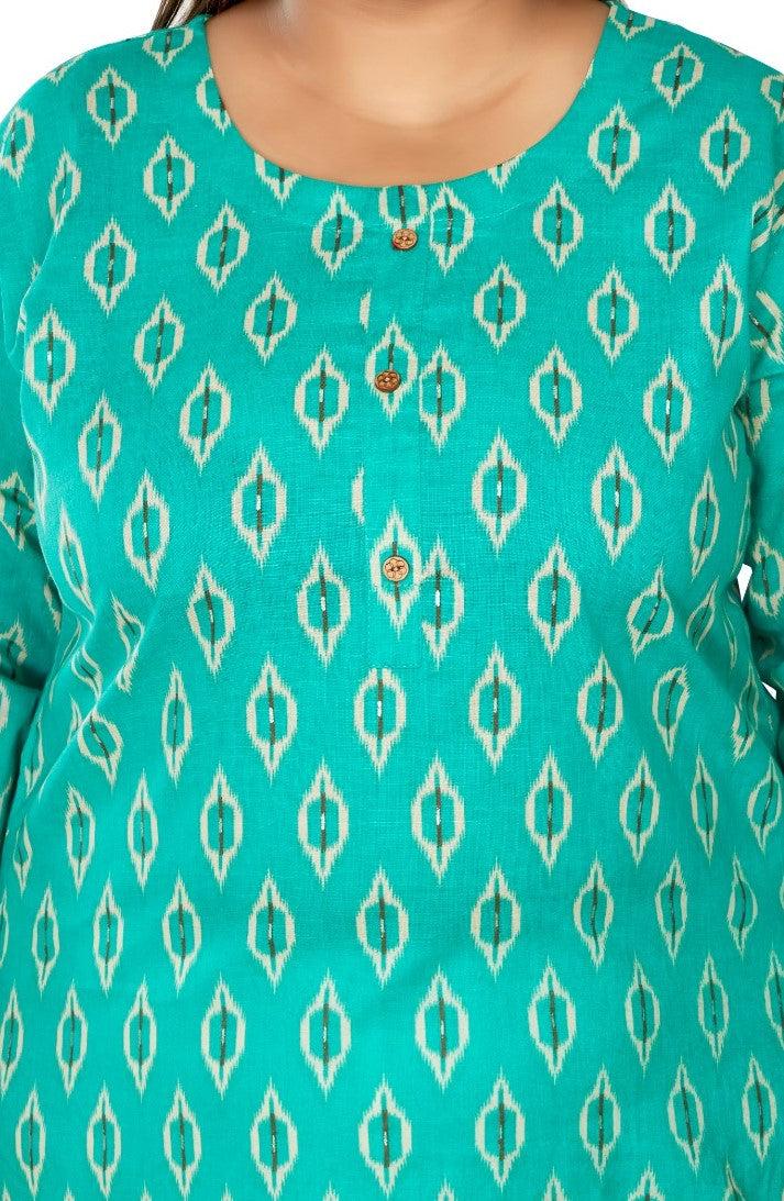 Women's Casual 3/4th Sleeve Ikkat Printed Pure Cotton Straight Kurti (Turquoise) - GillKart
