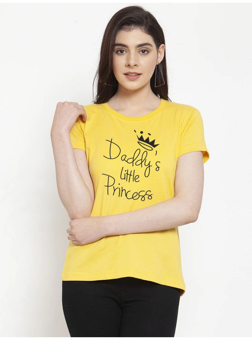 Women's Cotton Blend Daddy's Little Princess Printed T-Shirt (Yellow) - GillKart