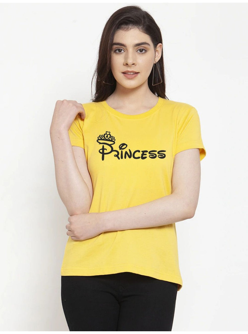 Women's Cotton Blend Princess Printed T-Shirt (Yellow) - GillKart