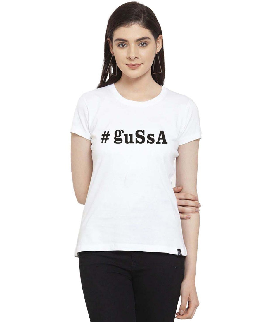 Women's Cotton Blend Gussa Printed T-Shirt (White) - GillKart