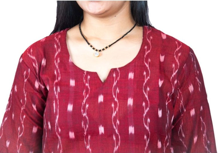 Women's Sambalpuri Certified Handloom Pure Cotton Straight Kurti (Maroon) - GillKart