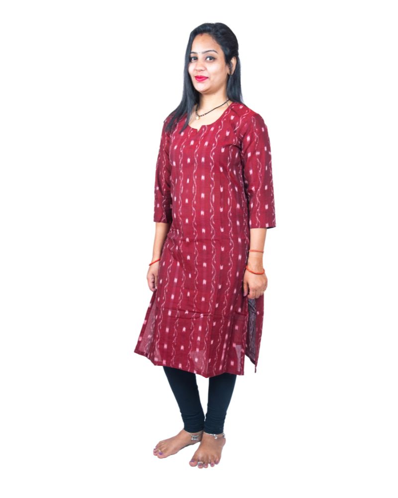Women's Sambalpuri Certified Handloom Pure Cotton Straight Kurti (Maroon) - GillKart