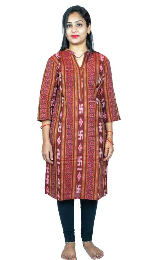 Women's Sambalpuri Certified Handloom Pure Cotton Straight Kurti (Maroon) - GillKart