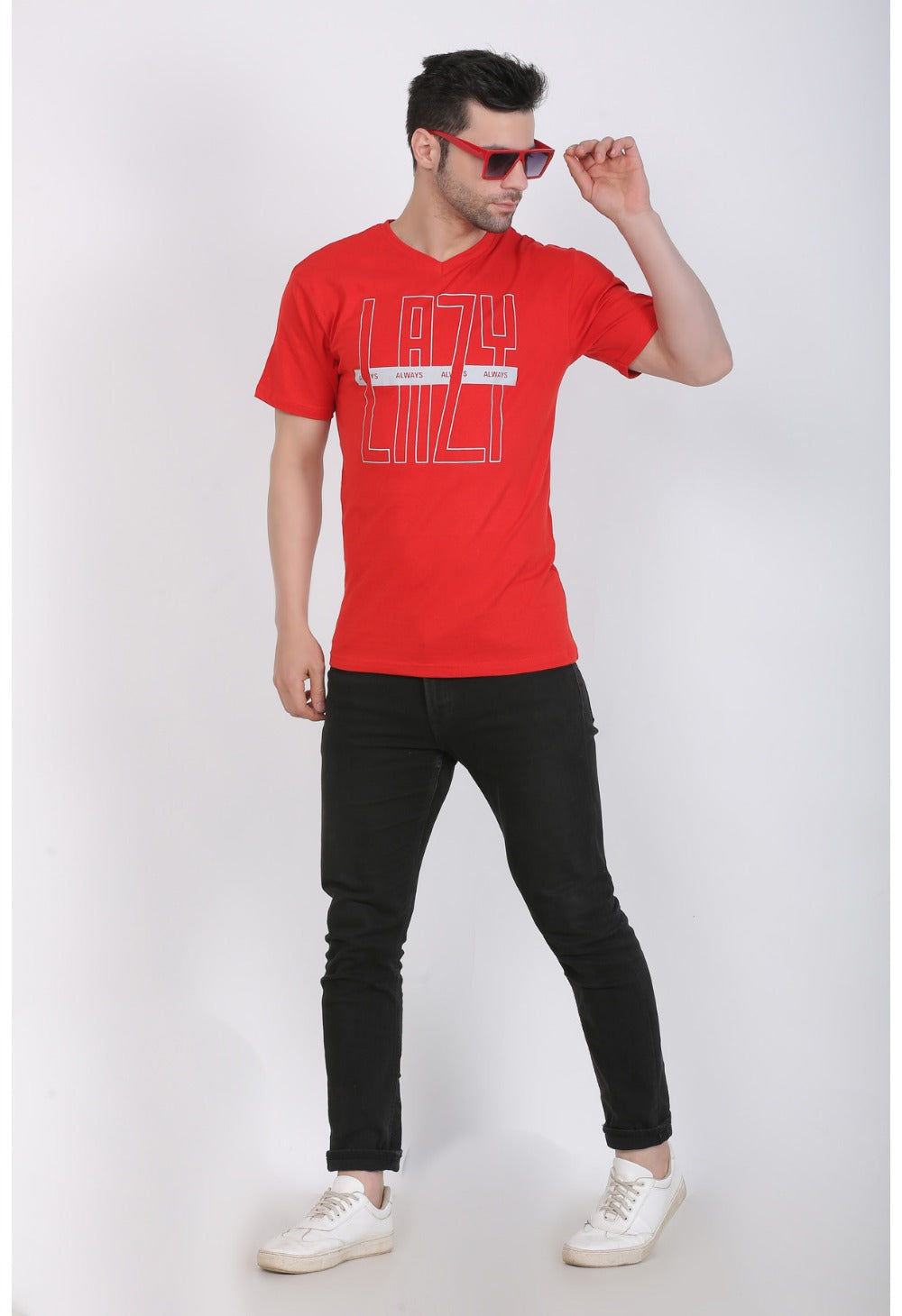 Men's Cotton Jersey V Neck Printed Tshirt (Red) - GillKart