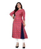 Women's Cotton Print with Foil Frontslit Kurti (Pink) - GillKart