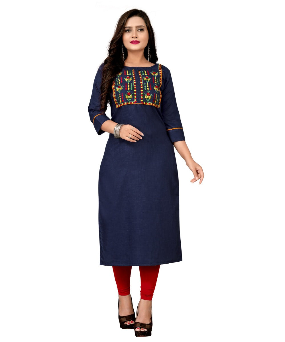 Women's Cotton Embroidery Straight Kurti (Navy Blue) - GillKart