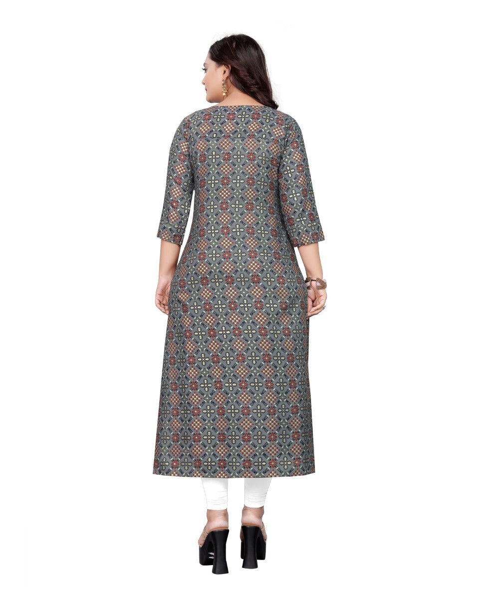 Women's Cotton Print with Foil Frontslit Kurti (Grey) - GillKart