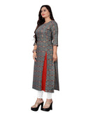 Women's Cotton Print with Foil Frontslit Kurti (Grey) - GillKart