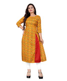 Women's Cotton Print with Foil Frontslit Kurti (Mustard Yellow) - GillKart