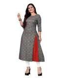 Women's Cotton Print with Foil Frontslit Kurti (Grey) - GillKart