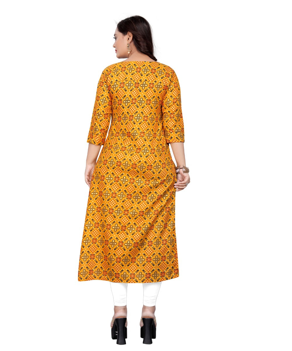 Women's Cotton Print with Foil Frontslit Kurti (Mustard Yellow) - GillKart