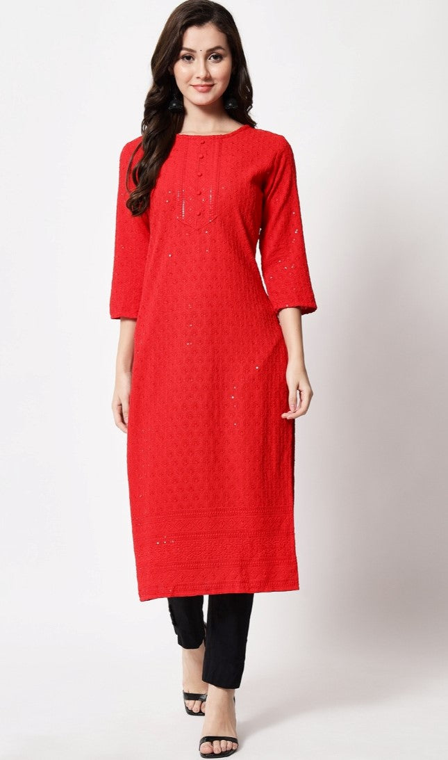 Women's Embroidery With Sequence Kurti (Red) - GillKart