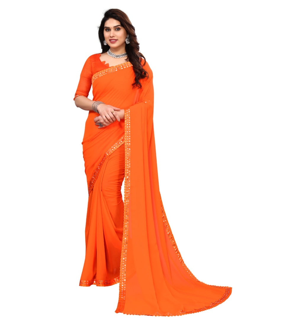 Women's Embellished Dyed Printed Bollywood Georgette Saree With Blouse (Orange) - GillKart