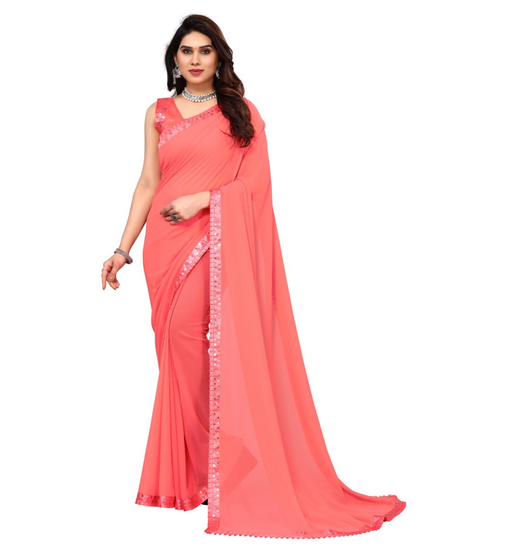 Women's Embellished Dyed Printed Bollywood Georgette Saree With Blouse (Peach) - GillKart