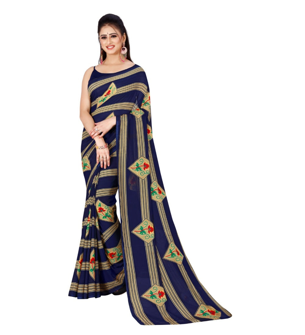 Women's Poly Georgette Printed Saree Without Blouse (Navy Blue) - GillKart