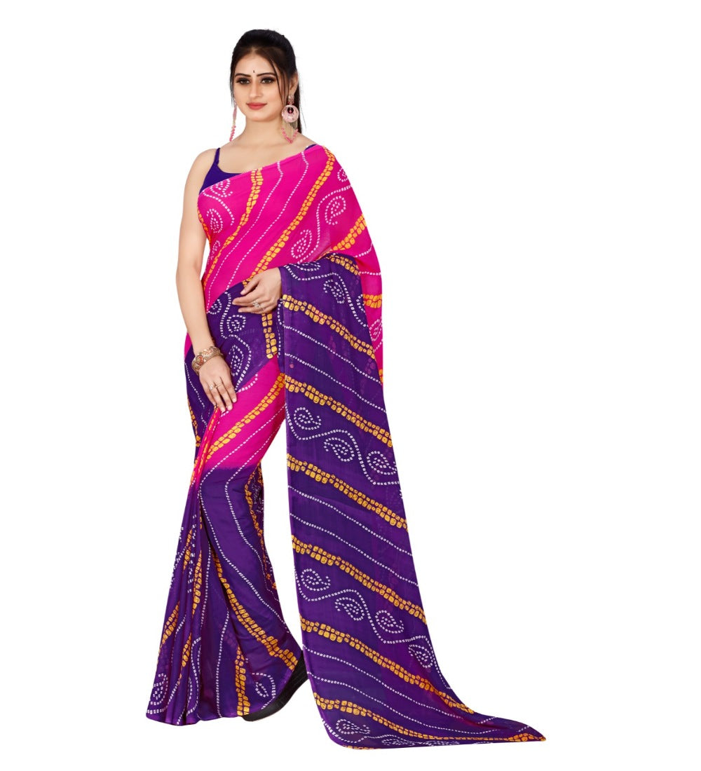 Women's Poly Georgette Printed Saree Without Blouse (Pink, Purple) - GillKart