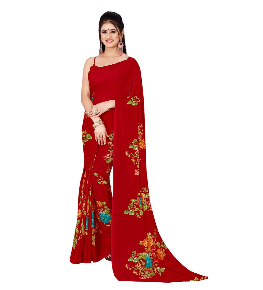 Women's Poly Georgette Printed Saree Without Blouse (Red) - GillKart