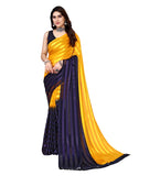 Women's Embellished Striped Bollywood Satin Saree With Blouse (Yellow, Dark Blue) - GillKart