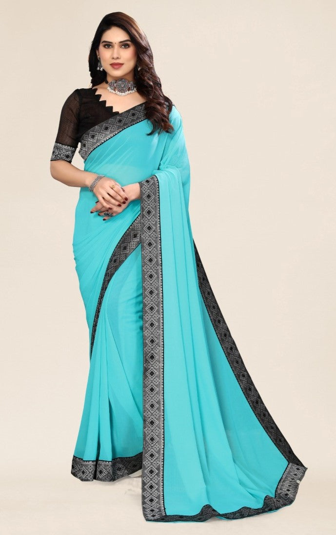 Women's Embellished Plain Solid Bollywood Chiffon Saree With Blouse (Sky Blue) - GillKart