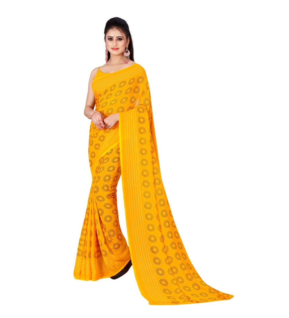Women's Poly Georgette Printed Saree Without Blouse (Yellow) - GillKart
