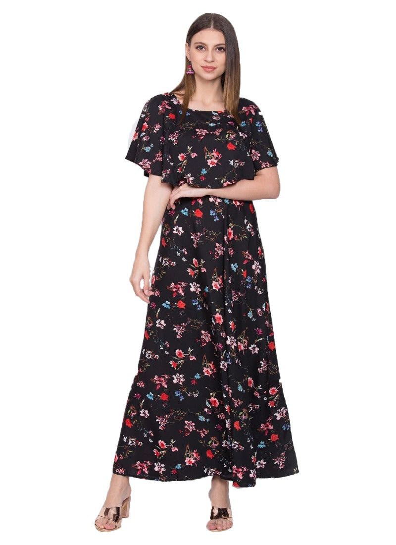 Women's Crepe Floral Half Sleeves Full Length Gown(Black) - GillKart