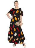 Multi-colored crepe women's dress, half sleeve, full length