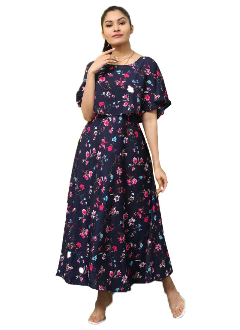 Women's Crepe Floral Half Sleeves Full Length Gown(Dark Blue) - GillKart