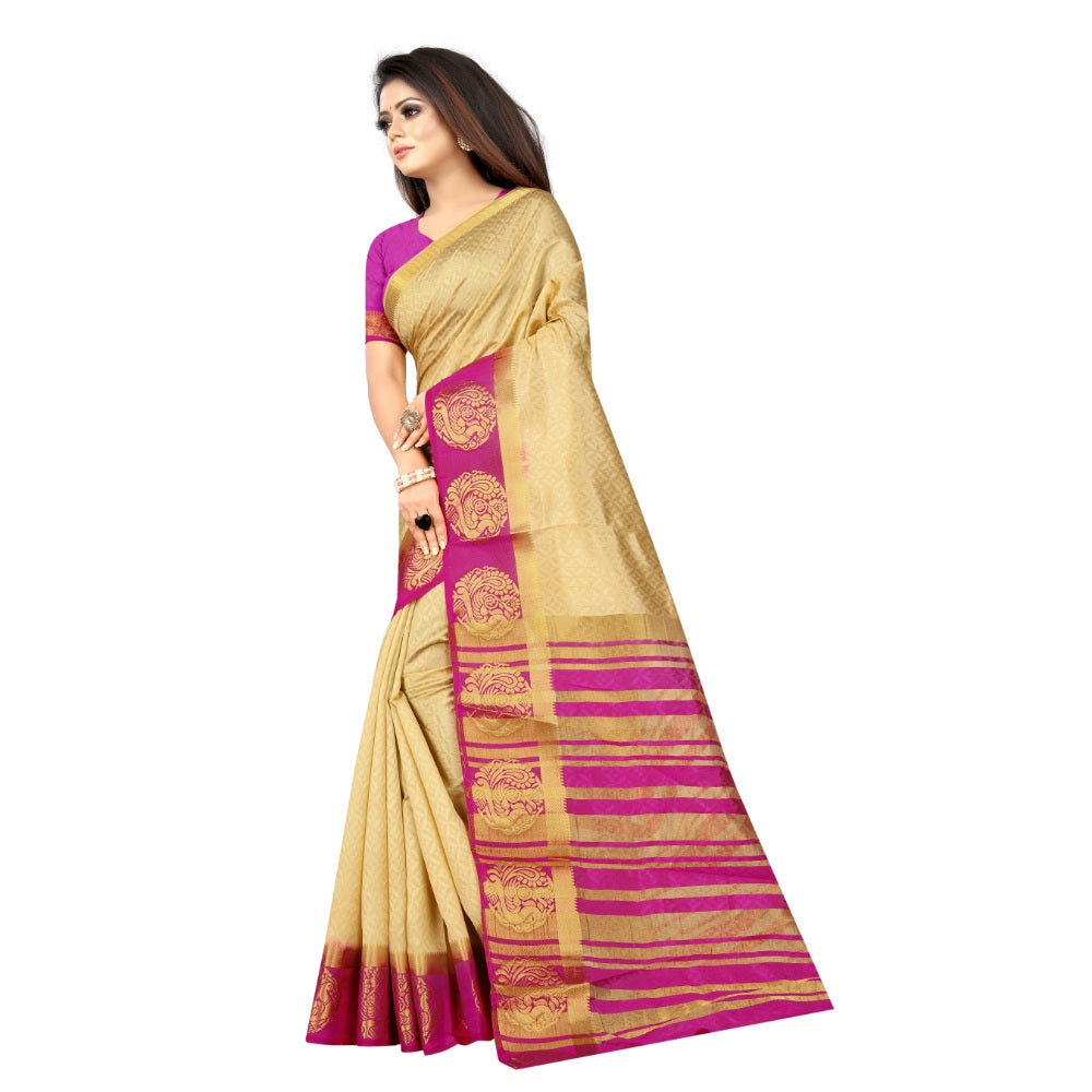 Women's Kanjivaram Silk Saree With Unstitched Blouse Piece (Beige, 5-6 Mtrs) - GillKart
