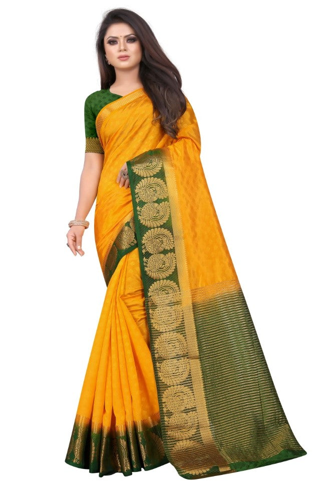 Women's Kanjivaram Silk Saree With Unstitched Blouse Piece (Yellow, 5-6 Mtrs) - GillKart