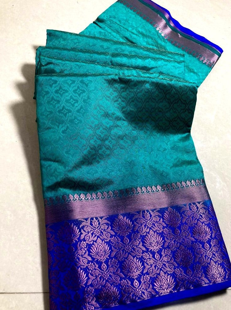 Women's Kanjivaram Silk Saree With Unstitched Blouse Piece (Turquoise Green, 5-6 Mtrs) - GillKart