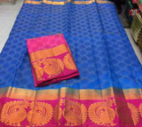 Women's Kanjivaram Silk Saree With Unstitched Blouse Piece (Blue, 5-6 Mtrs) - GillKart