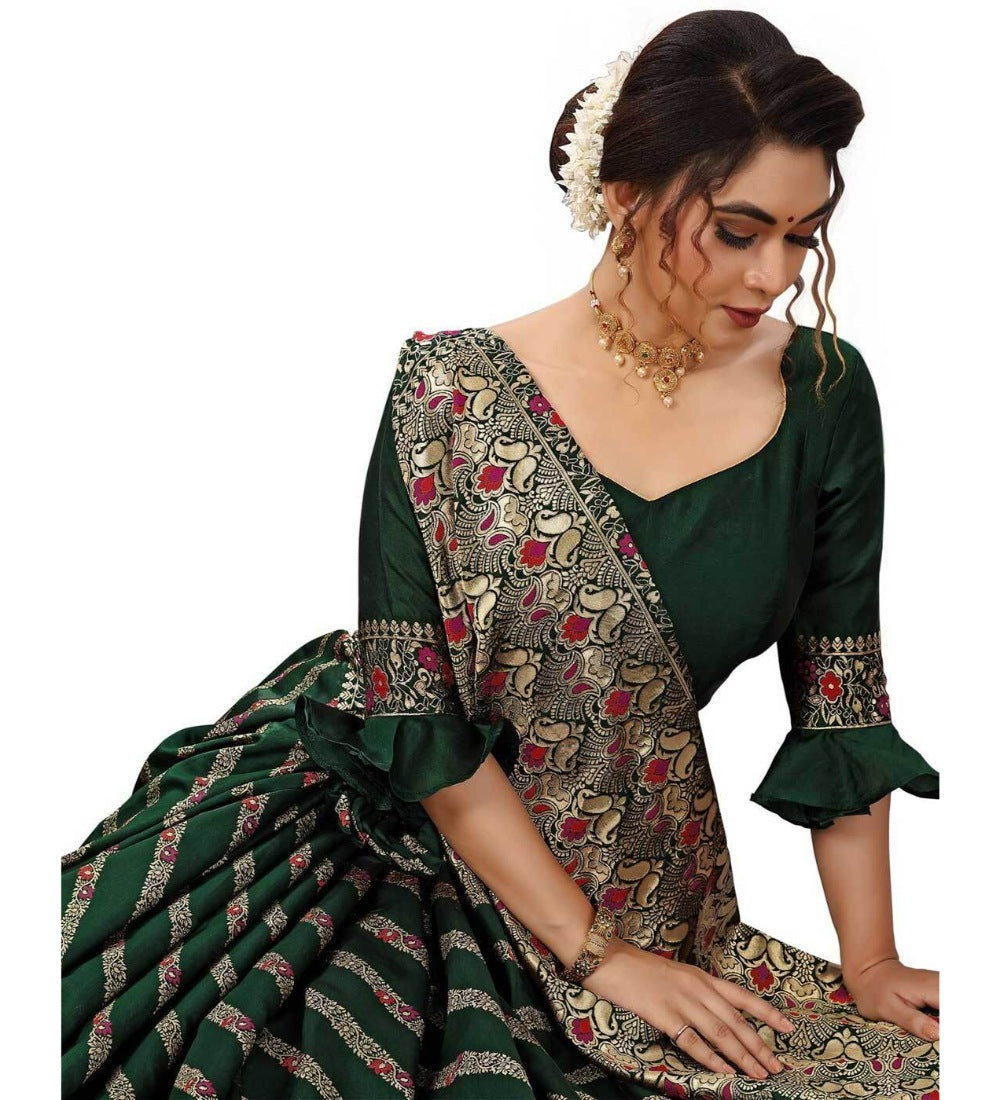 Women's Floral Striped Pattern Jacquard Woven Banarasi Art Silk Saree With Unstitched Blouse Piece (Dark Green, 5-6mtrs) - GillKart