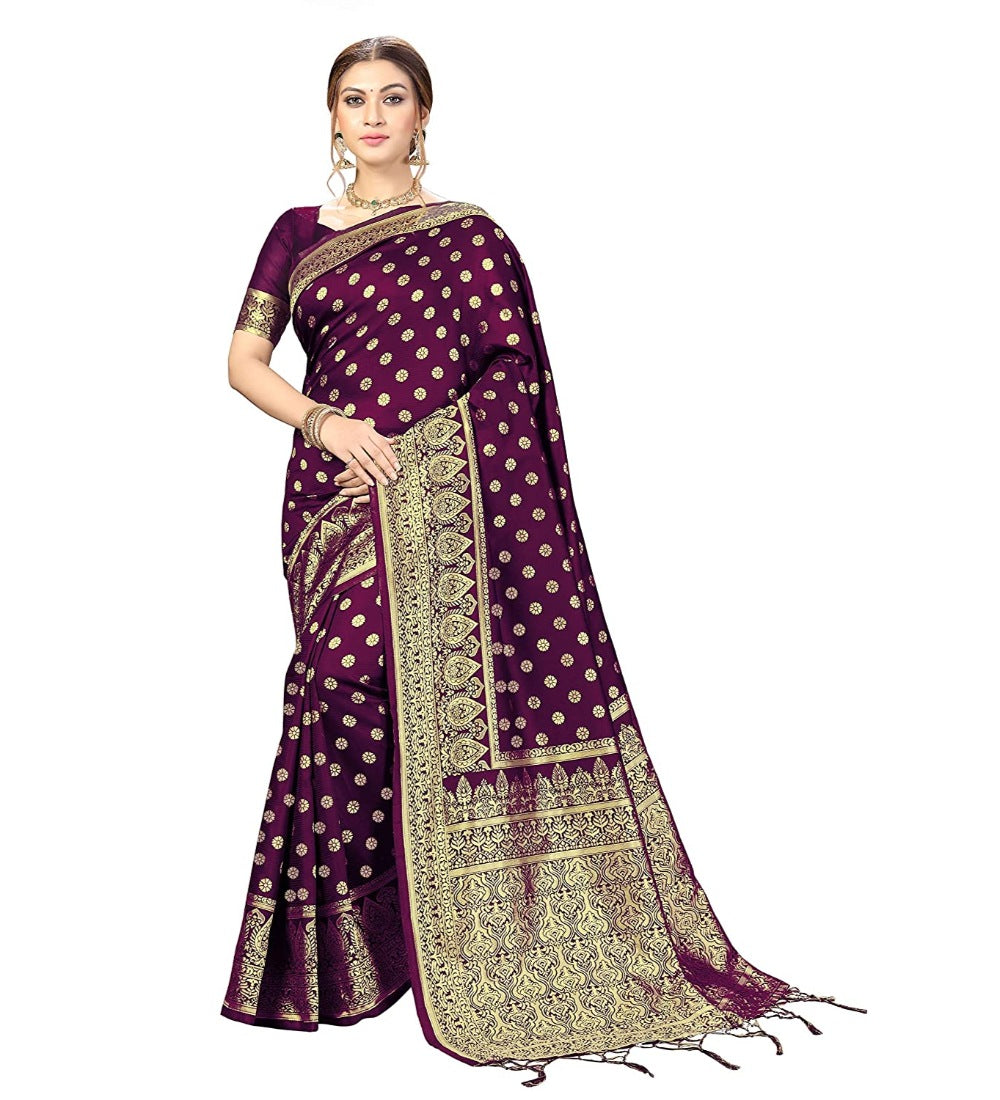 Women's Floral Pattern Jacquard Woven Banarasi Art Silk Saree With Unstitched Blouse Piece (Purple, 5-6mtrs) - GillKart