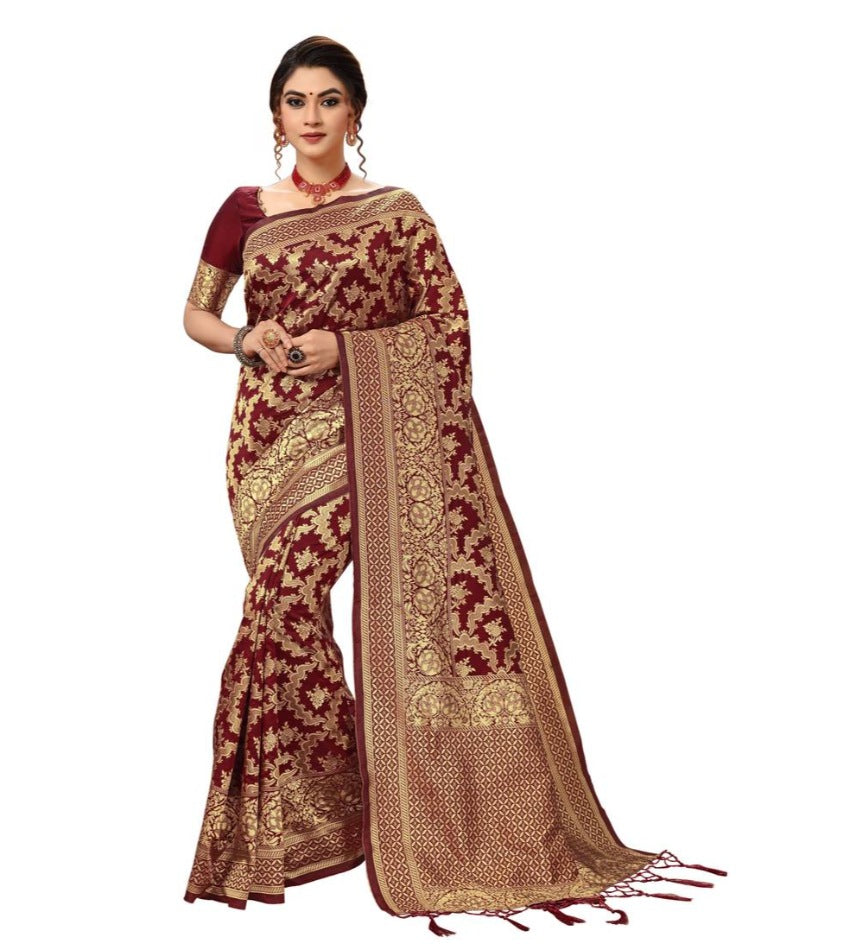 Women's Damask Pattern Jacquard Woven Banarasi Art Silk Saree With Unstitched Blouse Piece (Maroon, 5-6mtrs) - GillKart