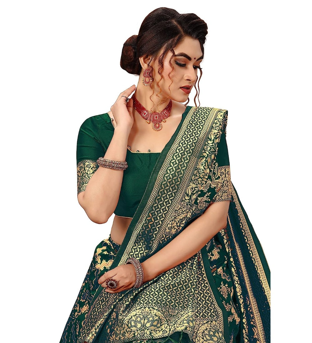 Women's Damask Pattern Jacquard Woven Banarasi Art Silk Saree With Unstitched Blouse Piece (Dark Green, 5-6mtrs) - GillKart
