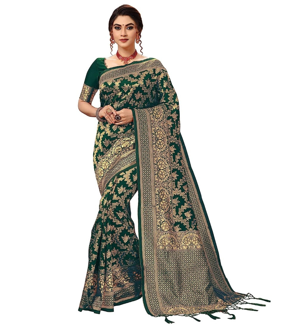 Women's Damask Pattern Jacquard Woven Banarasi Art Silk Saree With Unstitched Blouse Piece (Dark Green, 5-6mtrs) - GillKart