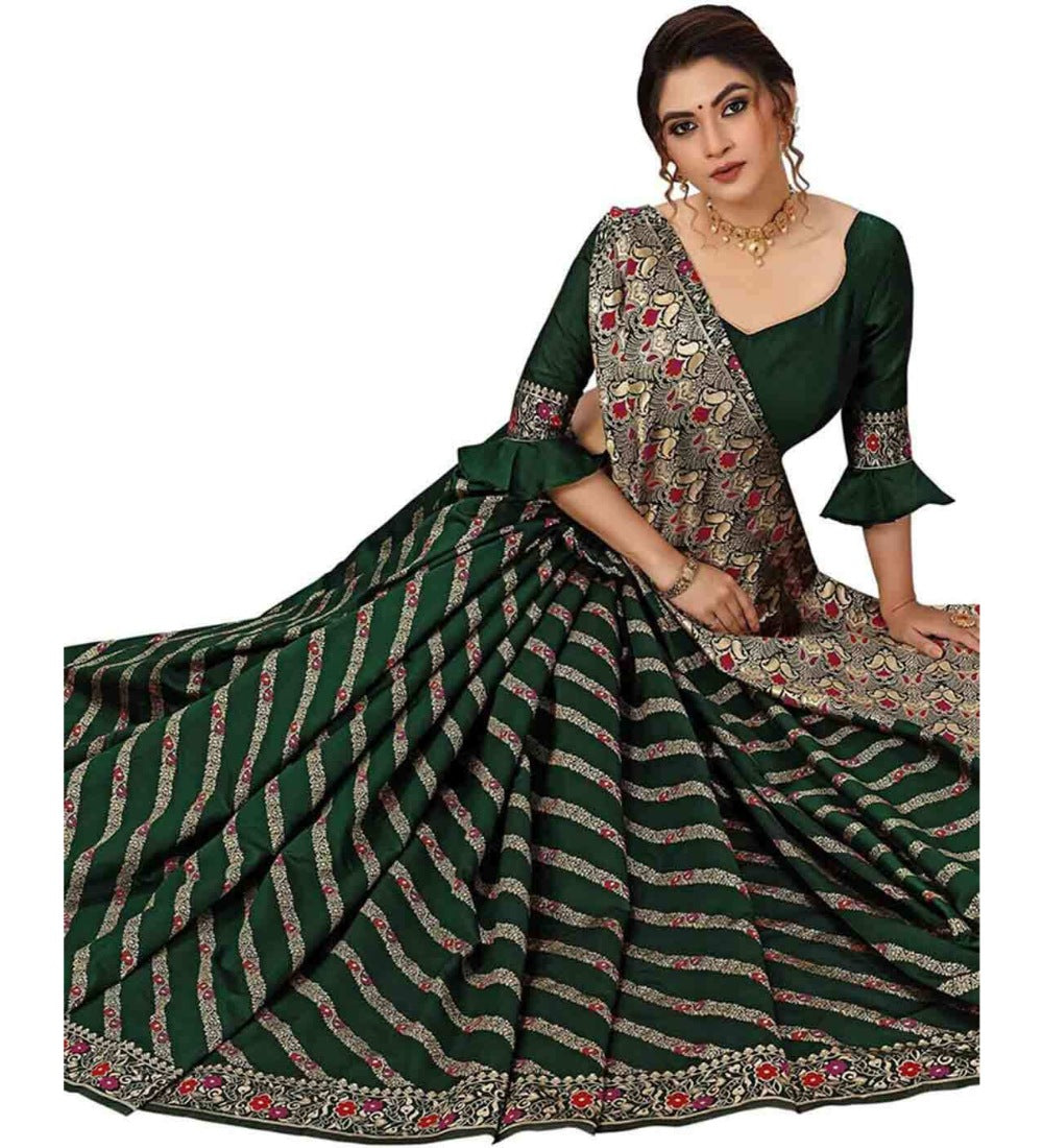 Women's Floral Striped Pattern Jacquard Woven Banarasi Art Silk Saree With Unstitched Blouse Piece (Dark Green, 5-6mtrs) - GillKart