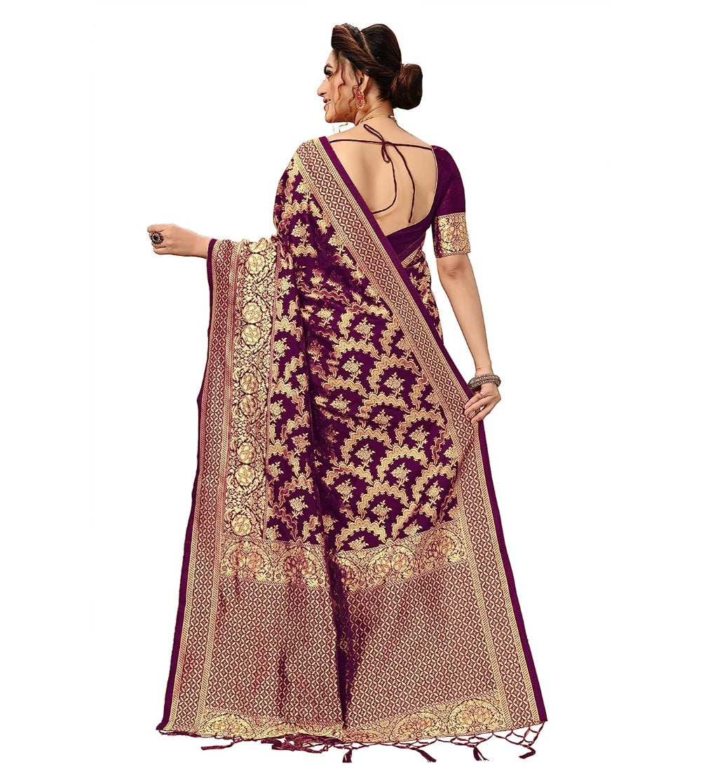 Women's Damask Pattern Jacquard Woven Banarasi Art Silk Saree With Unstitched Blouse Piece (Purple, 5-6mtrs) - GillKart