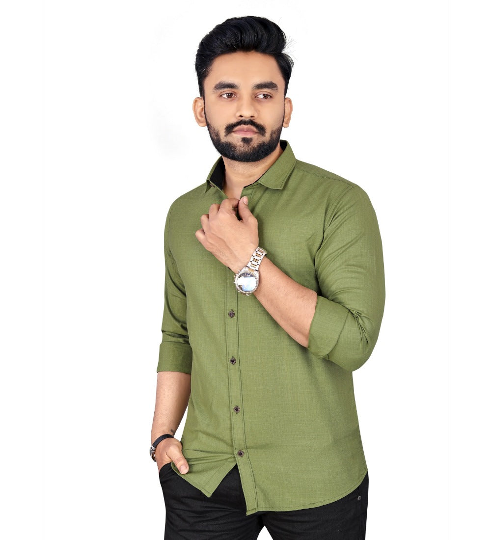 Men's Cotton Blend Full Sleeve Solid Pattern Casual Shirt (Dark Green) - GillKart