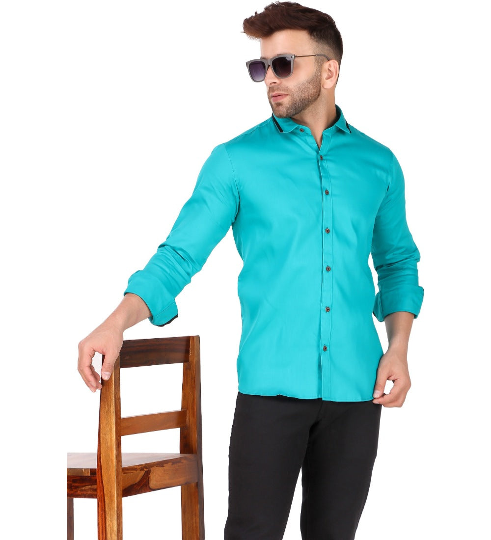 Men's Pure Cotton Full Sleeve Solid Pattern Casual Shirt (Blue) - GillKart